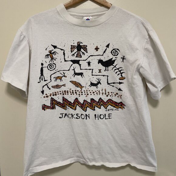 Vintage Jackson Hole HL Miller 1994 T shirt Primitive Native Design EMI Medium - Picture 1 of 8